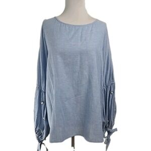 LUXE MODA  Chambray Cold-Shoulder Puff Embellish Tie Sleeve Woven Top‎ Blouse L